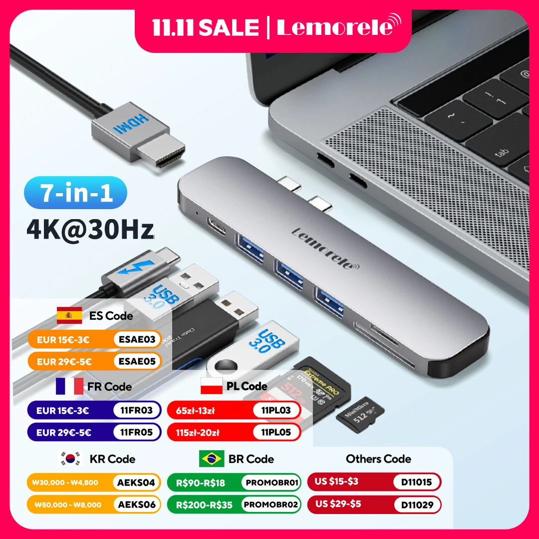 

Lemorele Dual USB C Hub Thunderbolt 3 Dock with 4K HDMI Gigabit Ethernet Rj45 1000M TF/SD Reader PD 100W Adapter for MacBook Pro