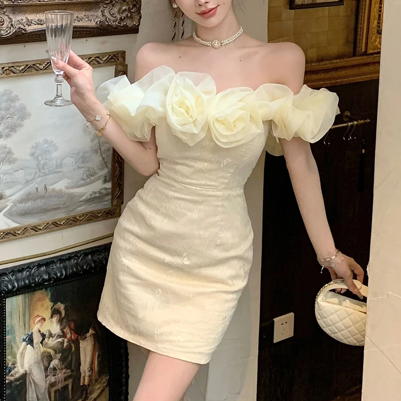 Vestido rosa con hombros descubiertos, minivestido ajustado de cintura alta, vestidos de fiesta sexys de moda de Color sólido para mujer