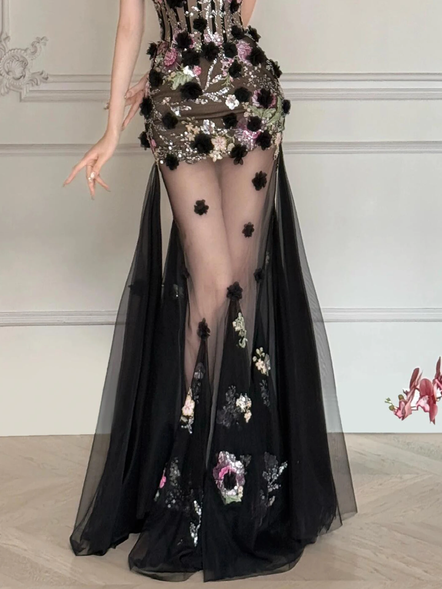 L & P DQL Studio Sexy noir robes de soirée sans bretelles fermeture éclair dos Tulle avec broderie fleurs perles paillettes cristal robe de soirée