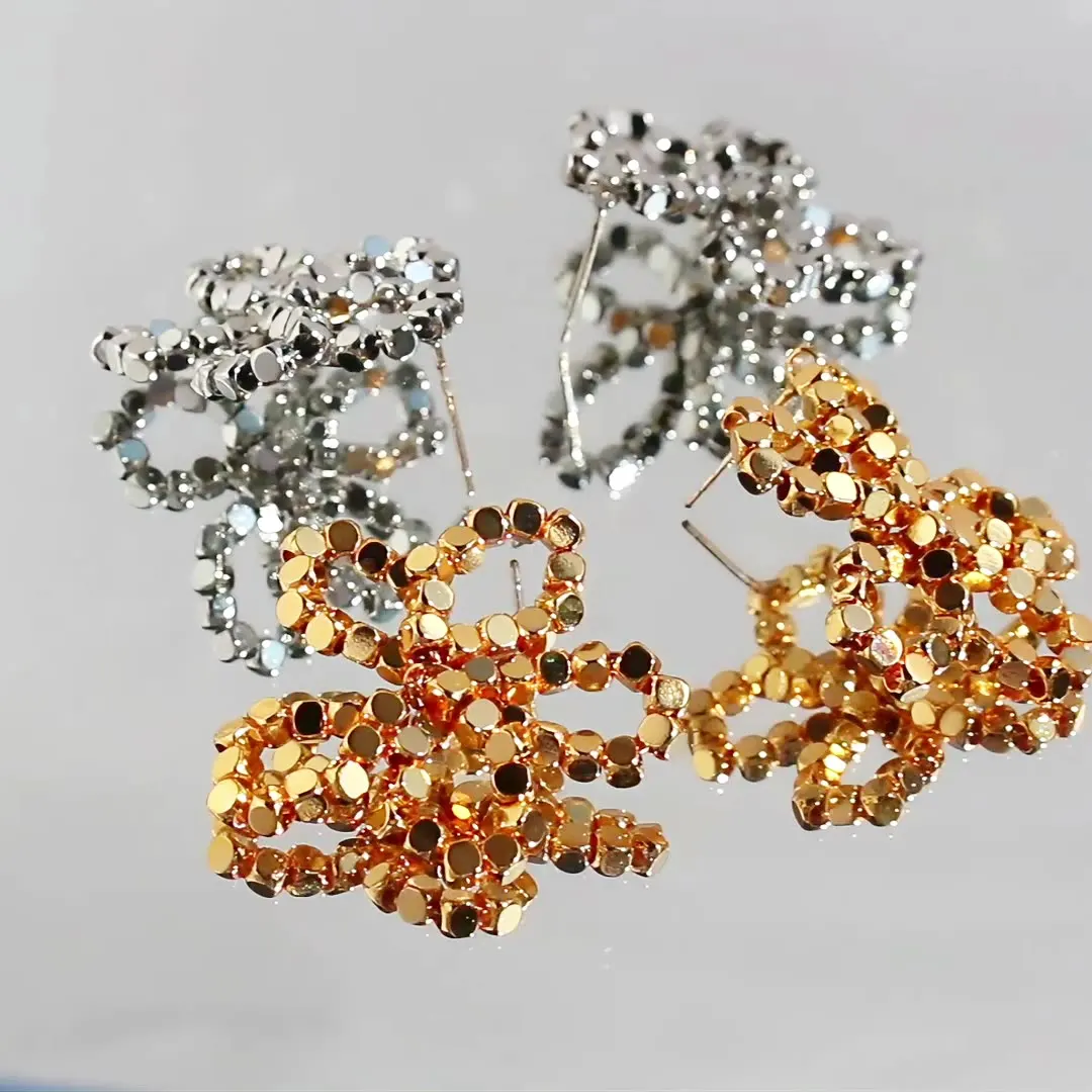 Handwoven Metal Square Bead Petal Earrings,Trendy Stylish Flower golden ear accessory for women