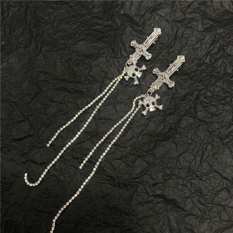 Goth Fashion Rhinestone Skull Cross Tassel Hairpin for Women Punk Dark Sweet Cool Y2k Hair Clip Vintage Trend Hair Accessories