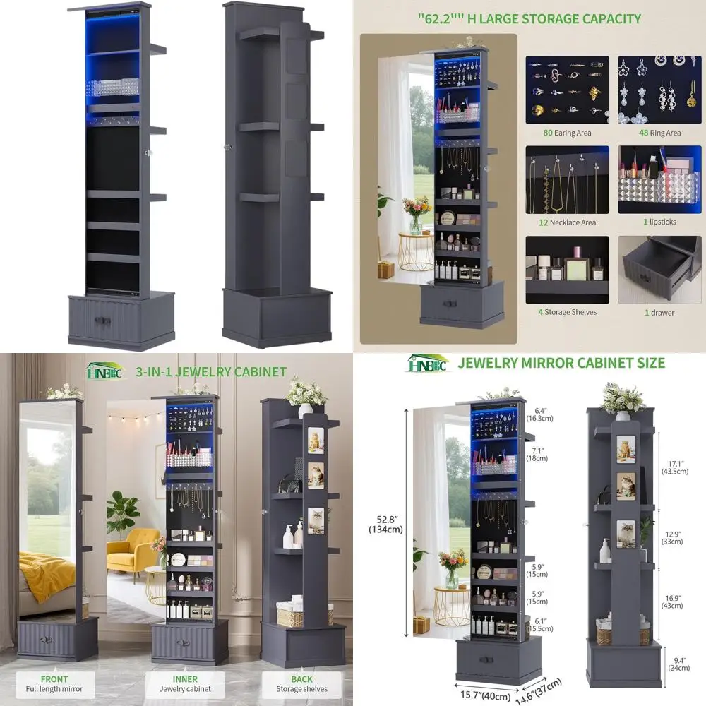 

Серый зеркальный шкаф для ювелирных изделий в полный рост с ящиками для хранения вещей, ящиками и освещением для спальни/гардероба