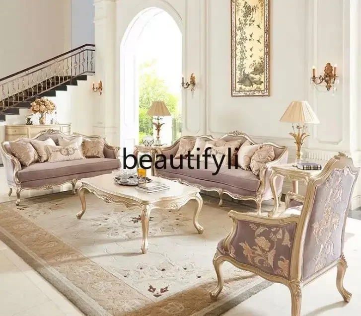 M178 أريكة أوروبية من الخشب الصلب مفردة ومزدوجة لثلاثة أشخاص، غرفة معيشة فيلا فاخرة خفيفة فرنسية منحوتة كبيرة #2