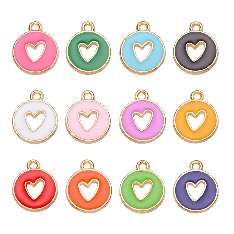 20pcs 12*14mm Round Heart Enamel Pendants Colored Charms For Jewelry Making Accessories Women's Earrings Necklaces DIY Making