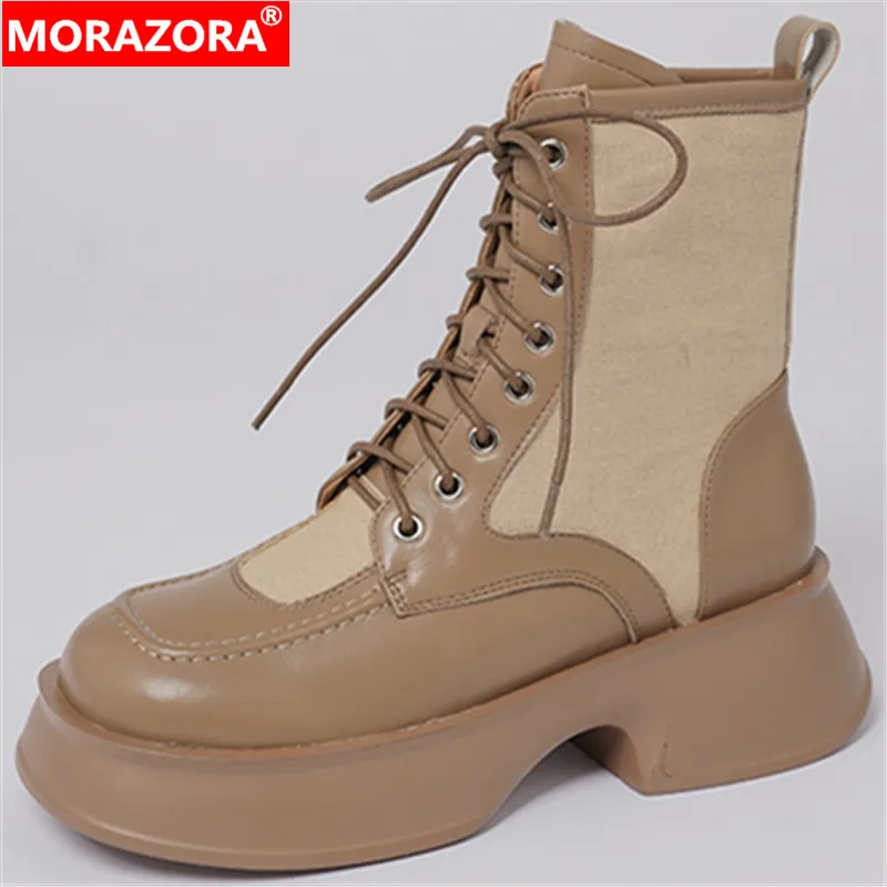 

MORAZORA 2022 New Mixed Colors Spring Thick High Heels Shoes Lace Up Ankle Boots Platform Genuine Leather Women Boots