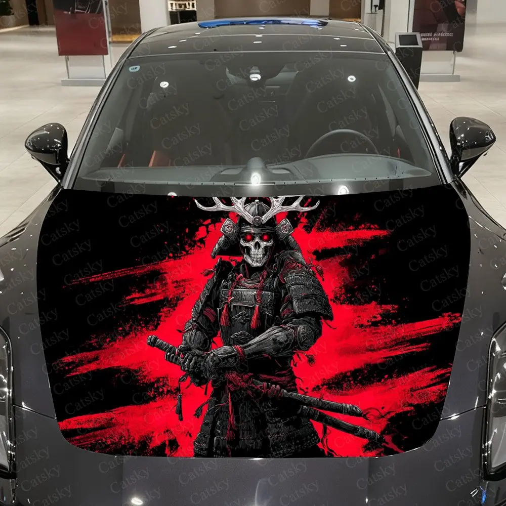 

Japanese Style Samurai Skull Car Vinyl Wrap, PVC Waterproof Car Hood Sticker, Self-Adhesive Scratch-Resistant Stickers