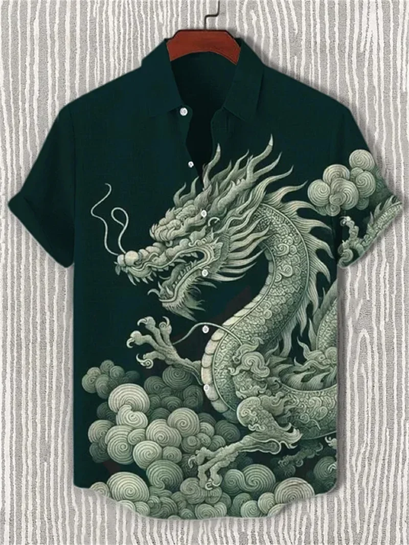 Men's Hawaiian Casual Shirt Summer Retro 3D Wave Print Short Sleeved Linen Top Clothing