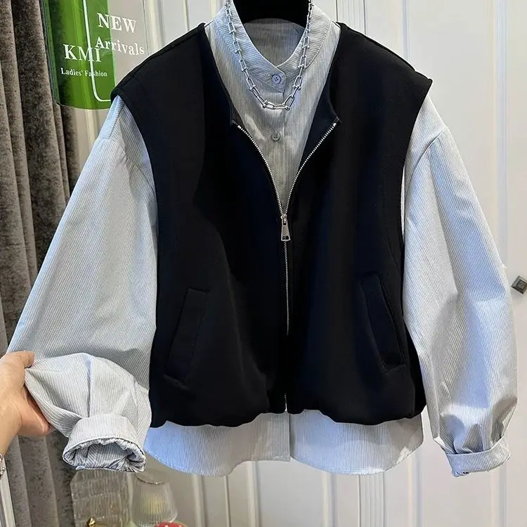 

Extra Large 300 Pou Patchwork Striped Long Sve round Ne irt Men Women Spring Autumn New Sle Fake Two-Piece Top