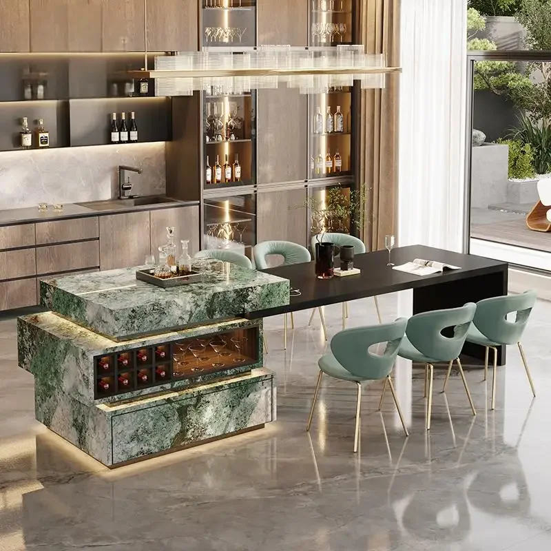 Extendable Turquoise Marble Kitchen Island - Custom Luxury Stone Dining Table & Peninsula Countertop for Open-Concept Kitchen