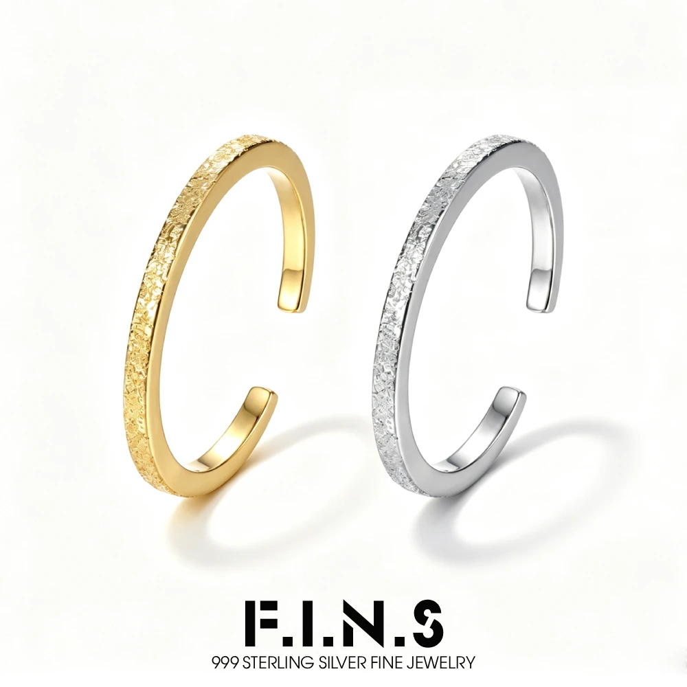 F.I.N.S Minimalist S999 Sterling Silver Sandblasted Open Ring for Women Textured Adjustable Brushed Finger Band Fine Jewelry