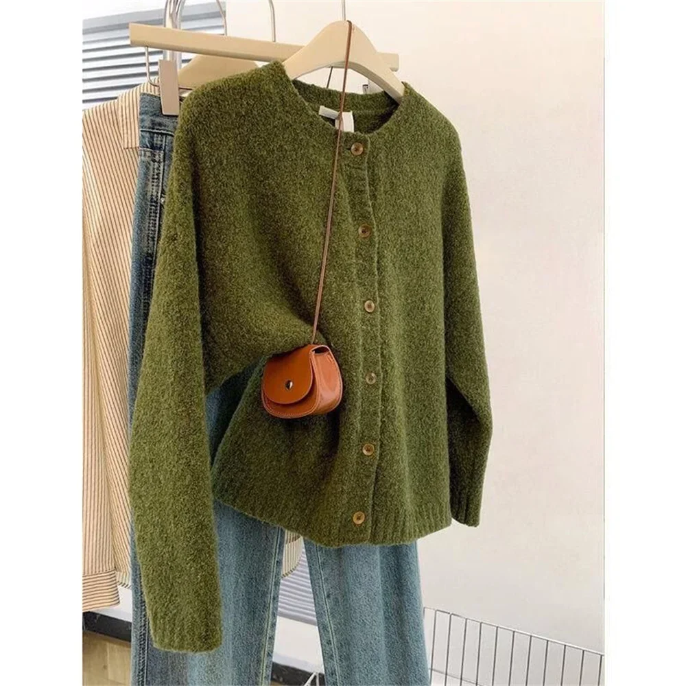 

2025 женский вязаный кардиган с круглым вырезом, новый зимний свободный повседневный свитер, модные топы с длинными рукавами, свитер большого размера, футболки