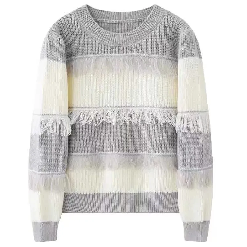 New Autumn/Winter Fashion Korean Stripe Color Matching Versatile Round Neck Tassel Lazy Style Slim Long Sleeve Knitted Sweater