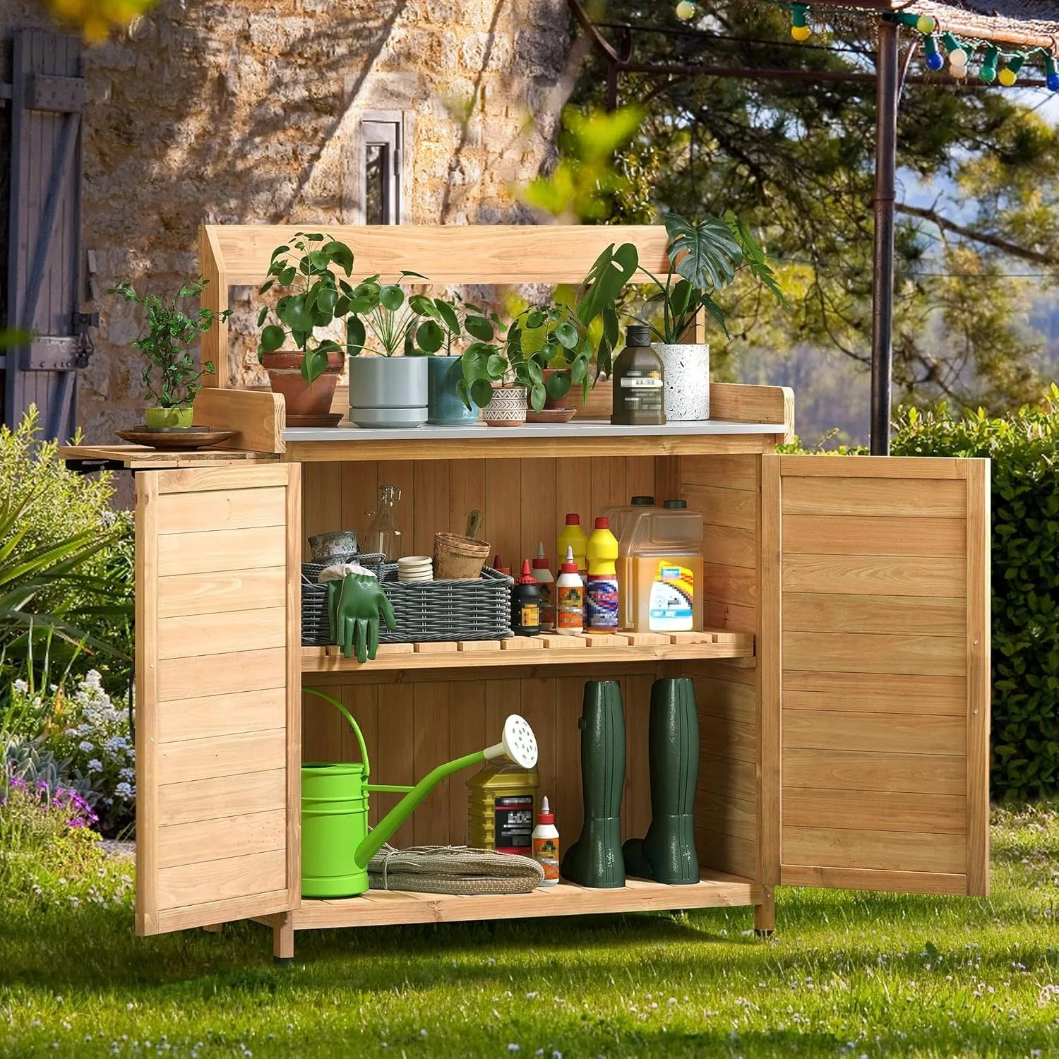 Solid Wood Potting Bench Table with Folding Pallet and Metal Tabletop, Outdoor Storage Cabinet Planting Table Garden Work Bench