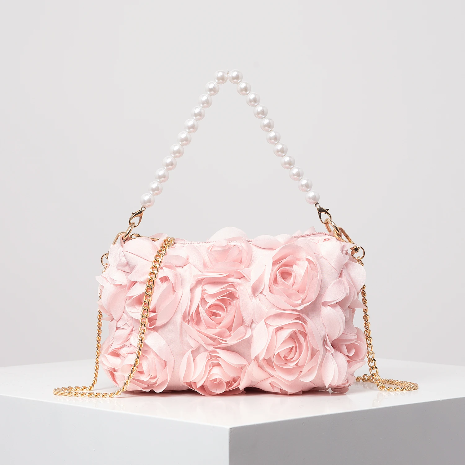 Elegant rose Flower dinner bag, Faux pearl handbag, metal chain crossbody bag, bridal bag (random pattern)