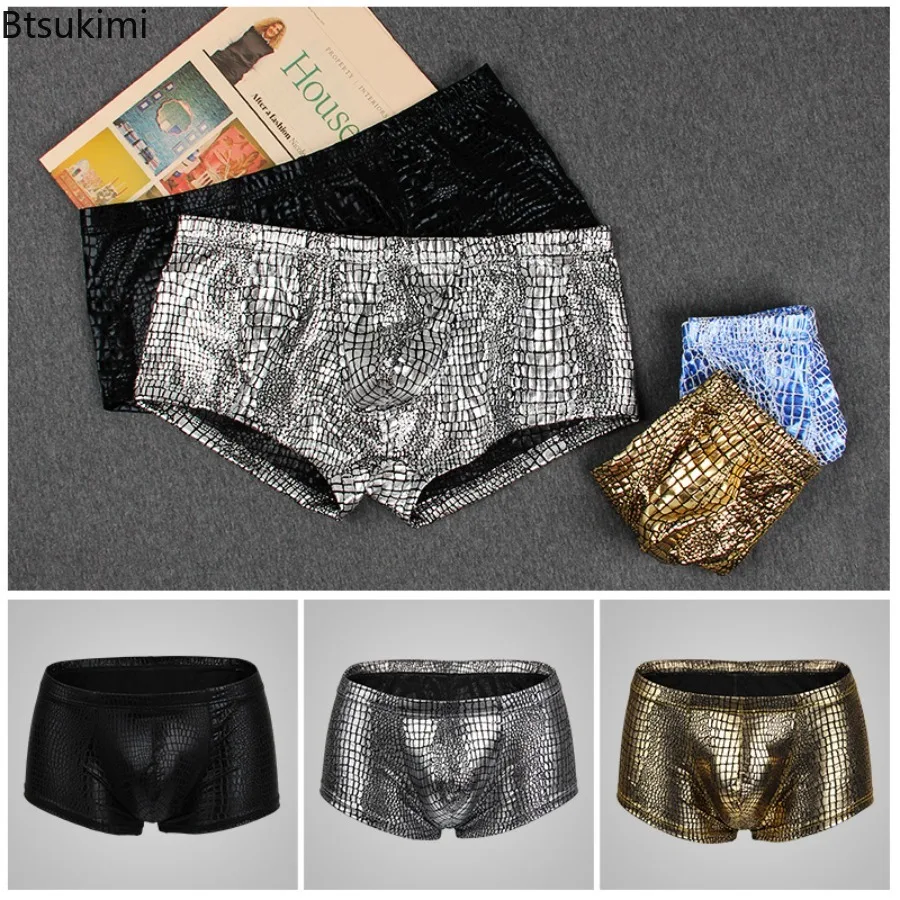 

Mens Snake Skin Leather Sexy Underwear Boxers Brand Open Front Crotchless Boxer Shorts Men U Convex Low Waist Male Underpants