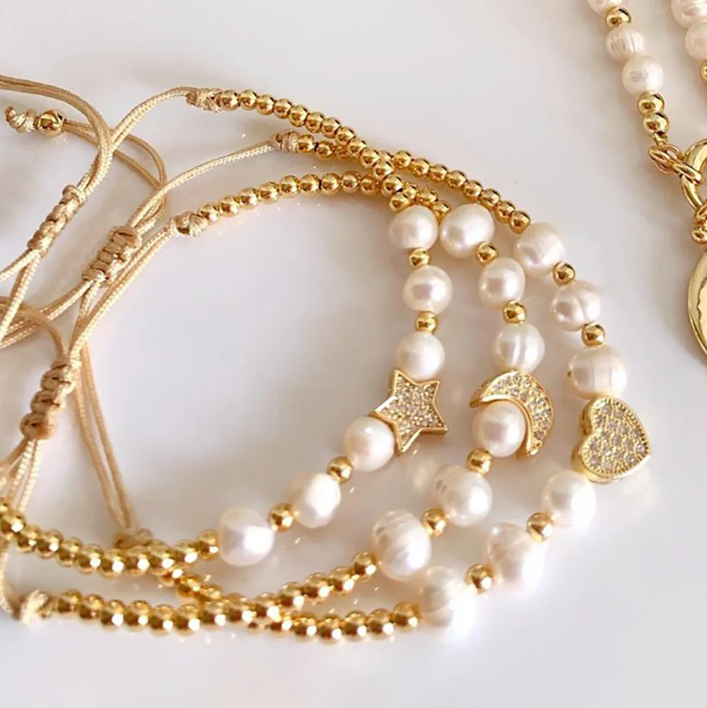 Natural Pearl Star Moon Heart Charm Bracelet 14K Gold Plated Adjustable Beaded Bracelets for Women Boho Jewelry
