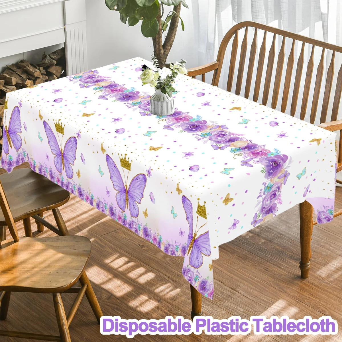 1 قطعة مفرش طاولة على شكل فراشة أرجوانية غطاء طاولة بلاستيكي مع تاج وزهور للمطبخ والمنزل والصيف والربيع ديكو داخلي/خارجي