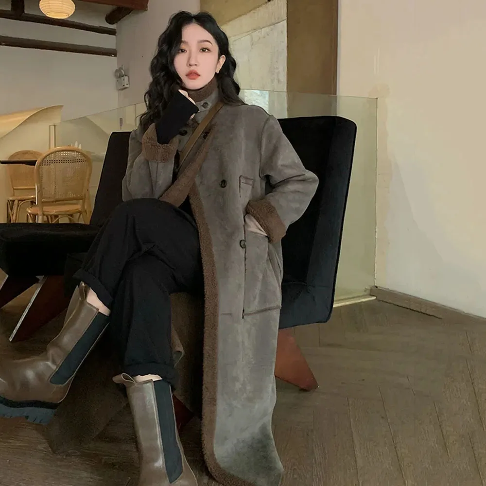 Autumn Winter Women Lapel Long Wool Jacket Women 2023 Thicken Warm Faux Fur Coat Female Suede Overcoat Vintage Patchwork Outwear