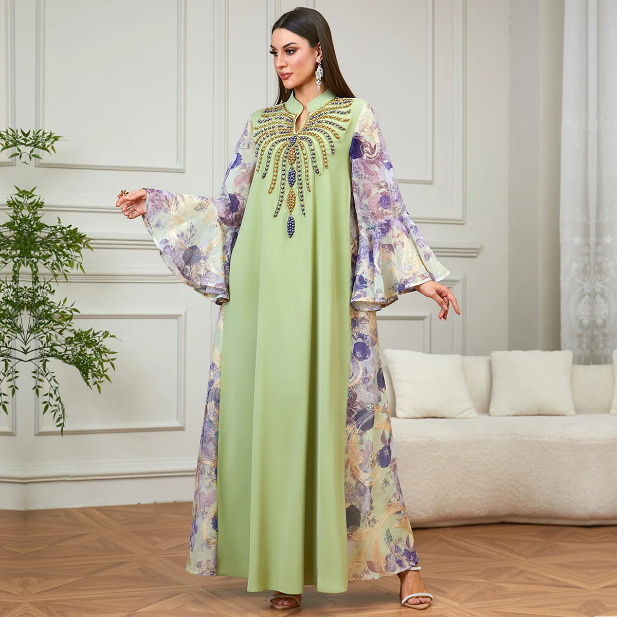 

Moroccon Beads Embroidery Jalabiya Dubai Abaya Muslim Woman Dress Flare Sleeve Turkey Kaftan Islam Clothing Musulmane Robe Gown