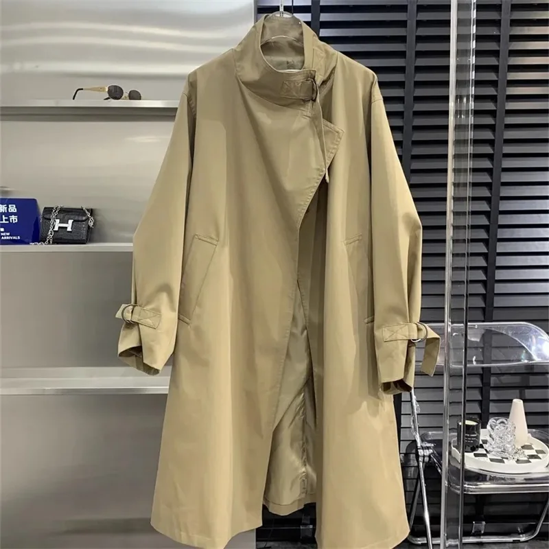 Women Apricot Big Size Long Elegant Trench New Stand Collar Long Sleeve Windbreaker Fashion Spring Autumn 2025