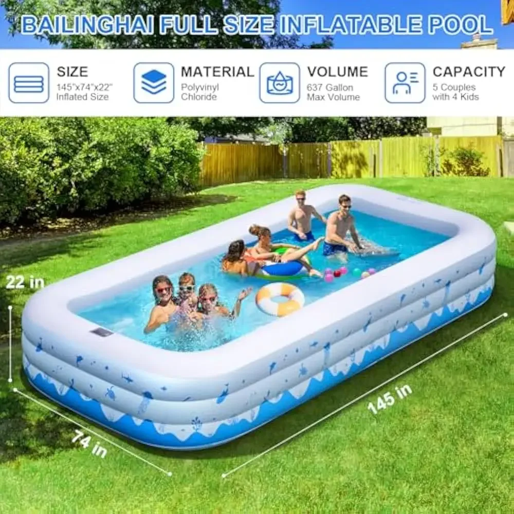Pool with Lights - 145'' X 74'' X 22'', Thickened Blow Up Pool with Seats & Backrest for Adults, 7 Color Big Swimming Pool