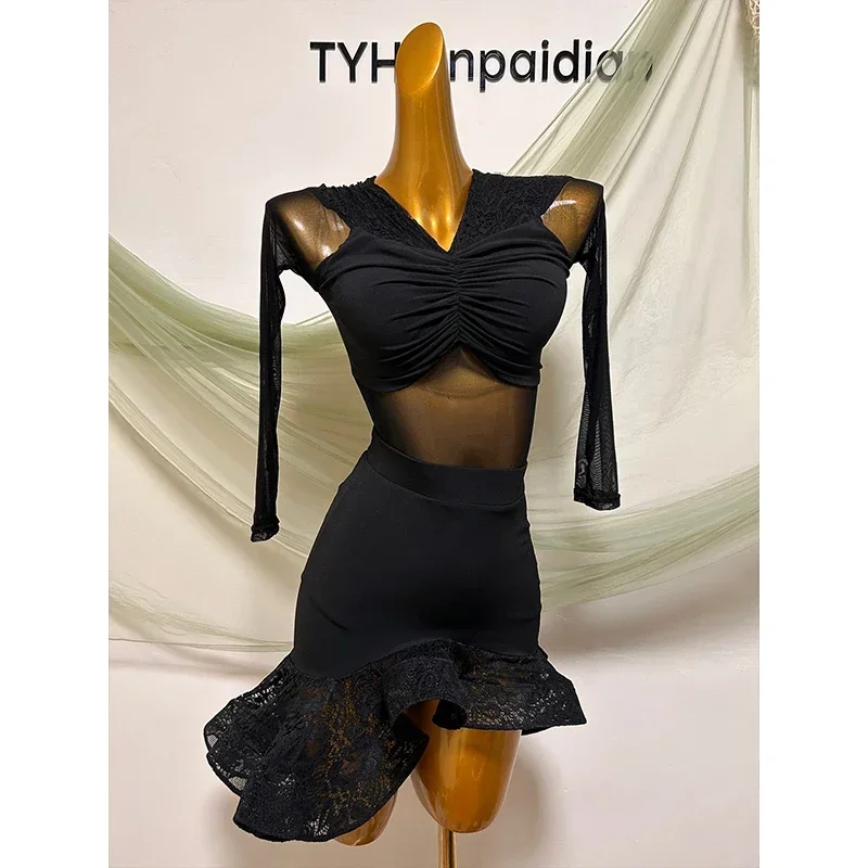 New Latin Dance Clothes Women Black Lace Mesh Tops Skirt Adult Club Rumba Tango Dance Performance Costume Practice Wear BL12176