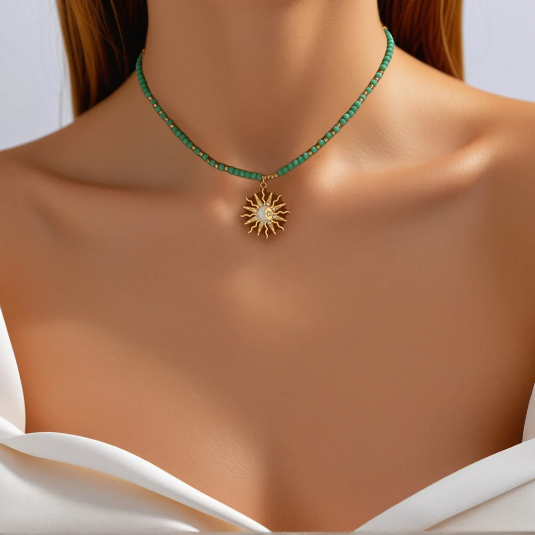 

DUTRIEUX Vintage Sun Pendant Necklace for Women Elegant Turquoise Beads Chain Bohemia European Style Choker Jewelry Gifts 2025