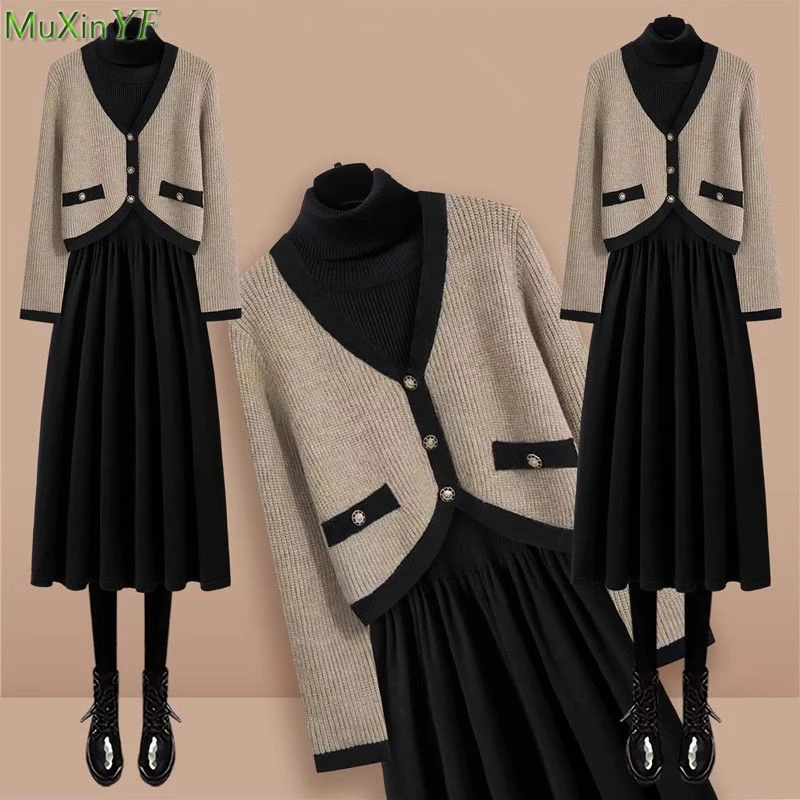 Women Graceful Patchwork Short Sweater Cardigan Dress 1 or 2 Piece Set Korean Lady Fashion Knit Jacket Skirts Outfits Knitwear