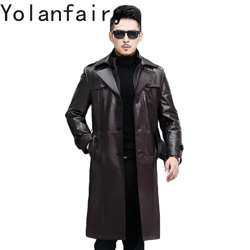 YOLANFAIRY High-end Genuine Leather Men's Suit Collar Cowhide Overcoat Knee Length Casual Plush Leather Trench Coat Chaquetas