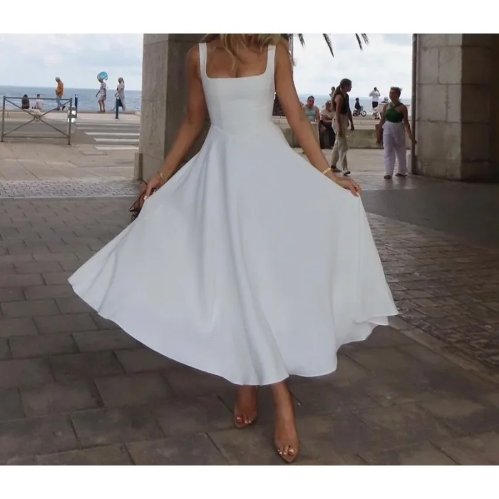 

Elegant White Dress for Women High Waist Fashion Square Neck Sleeveless A-line Dresses 2025 Summer Vocation Party Streetwear