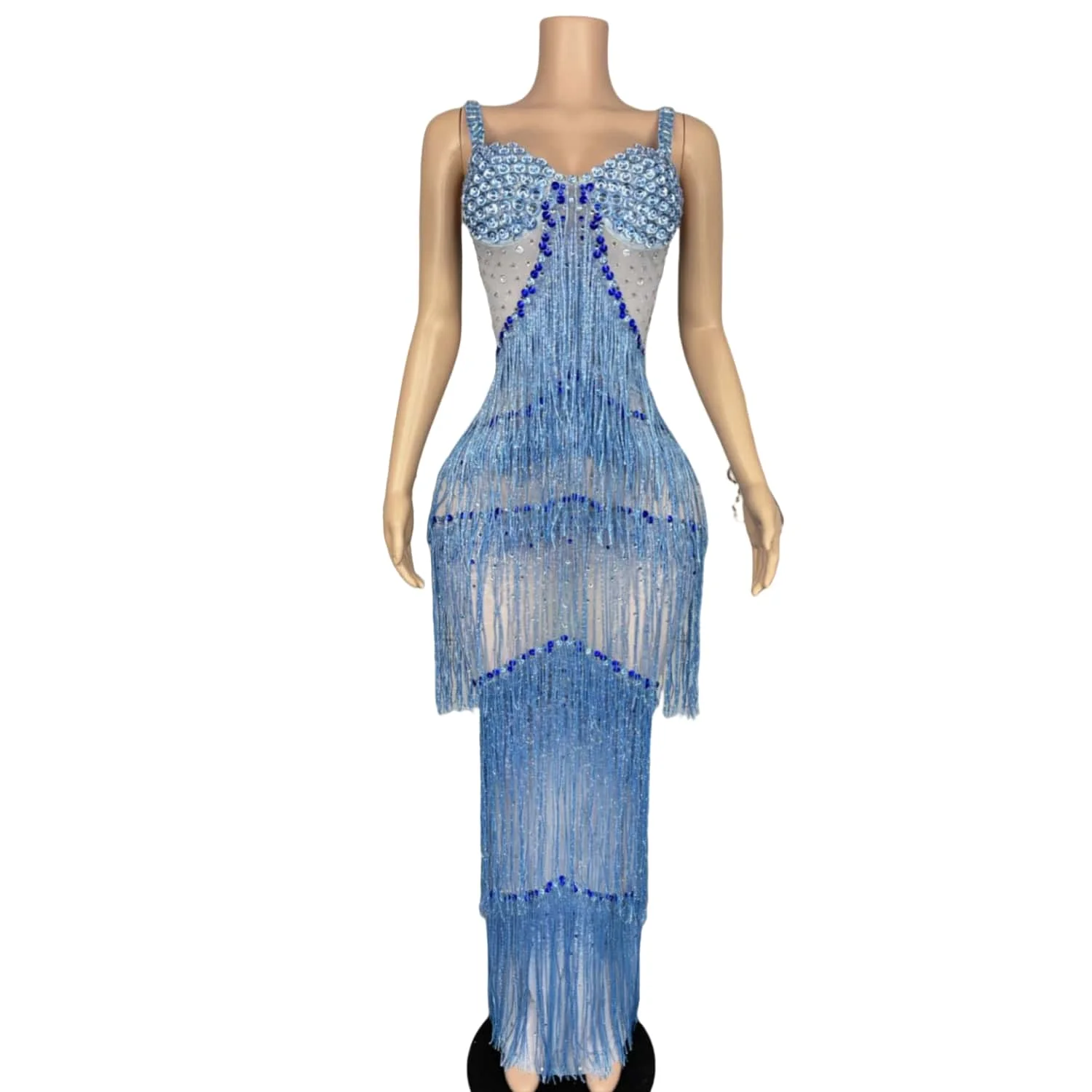 

Женское платье с кисточками на подтяжках, синее прозрачное сетчатое платье со стразами, свадебное платье для банкета, дня рождения, дня святого Валентина, праздничное платье lantian