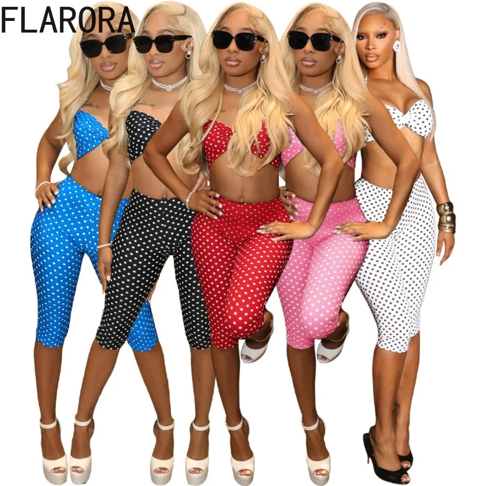 

FLARORA Fashion Polka Dot Print 2 Piece Set Woman Halter Tank Tops+Bike Shorts Stretch Outfits Female Summer Street Tracksuits