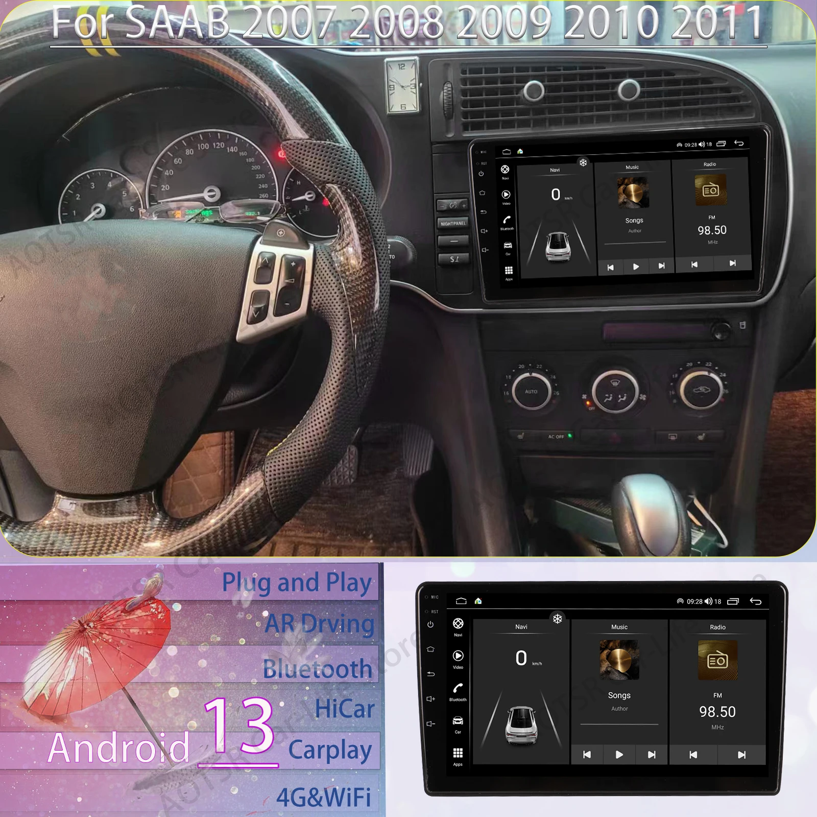 Automotive Multimedia schermo Android per SAAB 2007 2008 2009 2010 2011 autoradio Apple Carplay unità principale di navigazione GPS Wireless