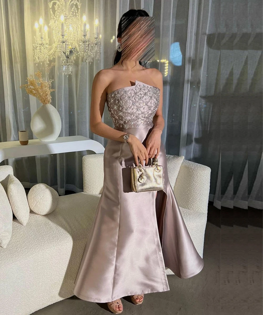 Customized Prom Dress With Slit Strapless Exquisite Ankle Length Quinceanera  Beaded S Formal Evening Gowns イブニングドレス شارون سعيد