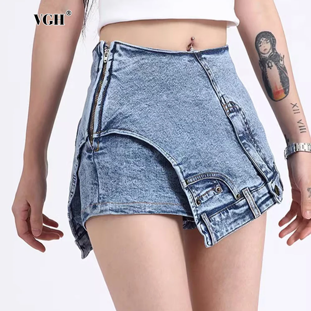 VGH Irregular Denim Shorts For Women High Waist Bodycon Spliced Pocket Streetwear Short Pants Female Fashion Clothing Style