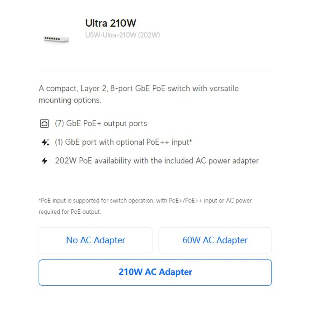 UBIQUITI Ultra USW-Ultra (42W), USW-Ultra-60W (52W), USW-Ultra-210W (202W), warstwa 2, 8-portowy przełącznik PoE GbE PoE +/PoE++