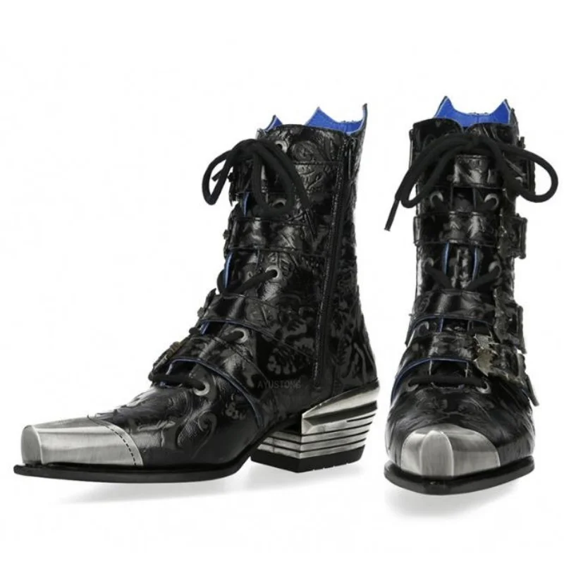 Metallic trim pointy toe men women boots high platform chunky heel black fashion boots lacing rivets new Chelsea boots 35-45