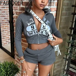 FAGADOER Autumn New Letter Print Hooded Two Piece Sets For Women Zipper Long Sleeve Crop Top And Shorts Outfits Female Tracksuit