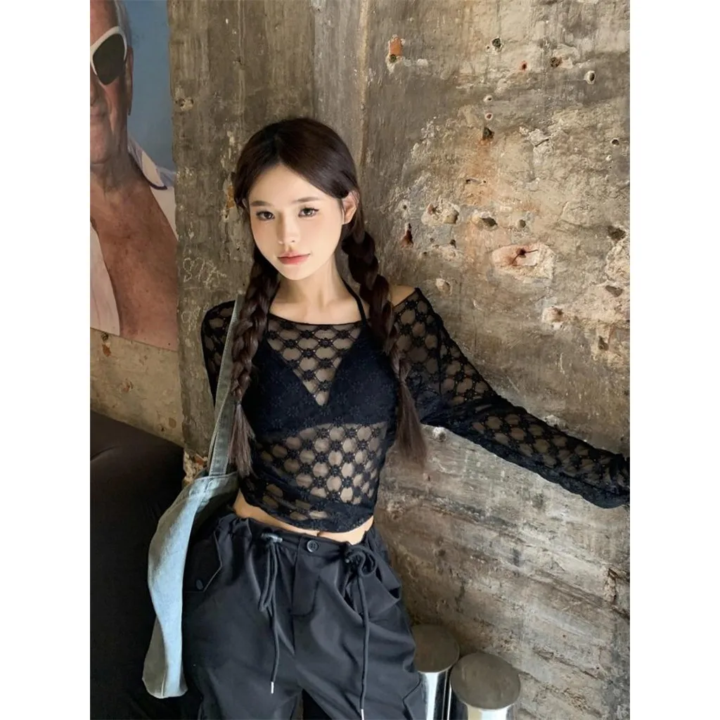 Sdutents in stile coreano T-shirt a maniche lunghe in rete ricamata floreale alla moda da donna Stratificazione sexy Protezione solare Copertura superiore sottile