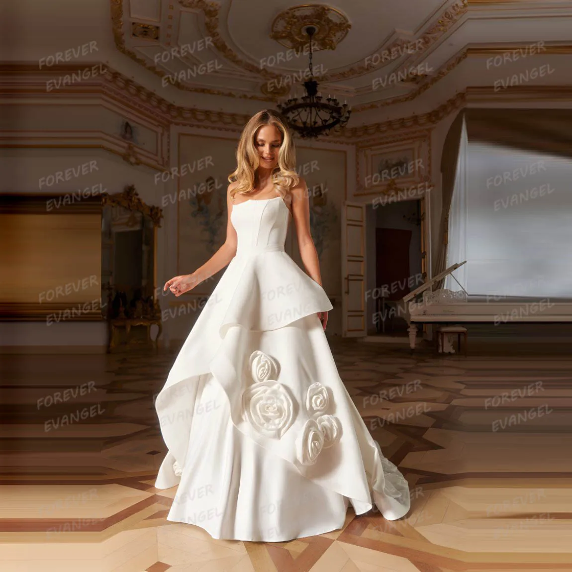 Einfache sexy Brautkleider A-Linie Frau 3-D-Blumen Satin trägerlos abgestufte ärmellose Brautkleider Vestido De Novia Maßgeschneidert