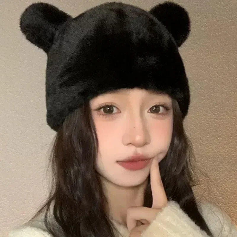 Cute Bear Ears Hats Winter Women Girl Warm Soft Comfortable Caps Exquisite Solid Color Casual Knitted Hats Fashion Accessories