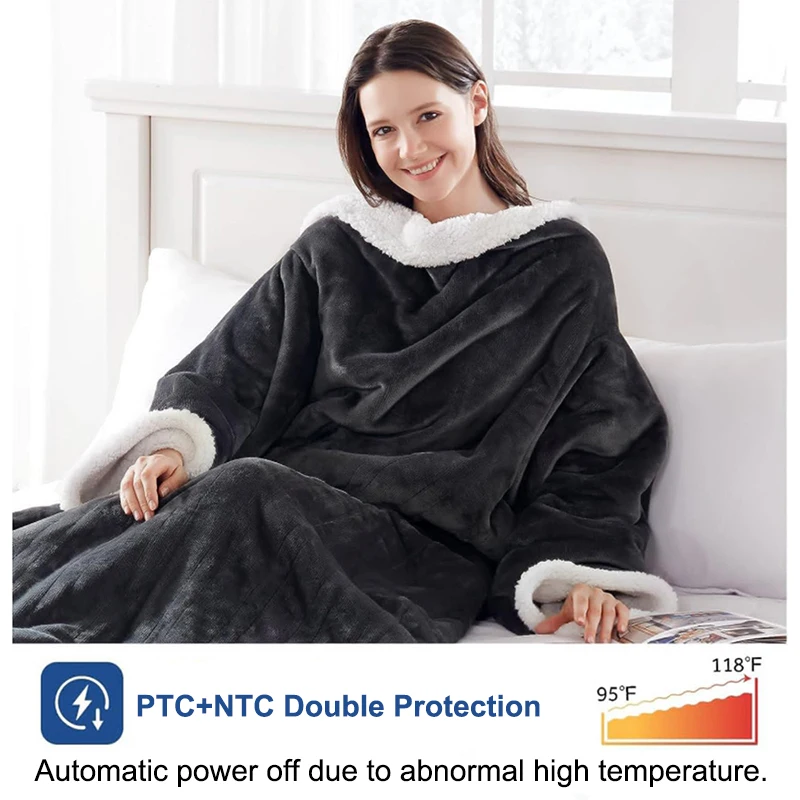 Wearable Electric Heating Sleeve Blanket Flannel & Sherpa, Electric Blankets 6 Heat Settings, 10-hour Time Auto-Off Function