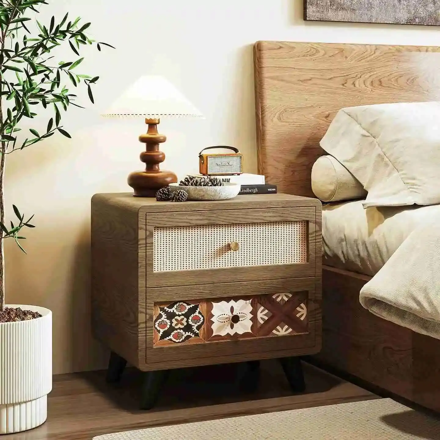 Bedroom Nordic Bedside Table Design Comfortable Vintage Walnut Vanity Bedside Table Luxury Mesa De Cabeceira Recamera Furniture