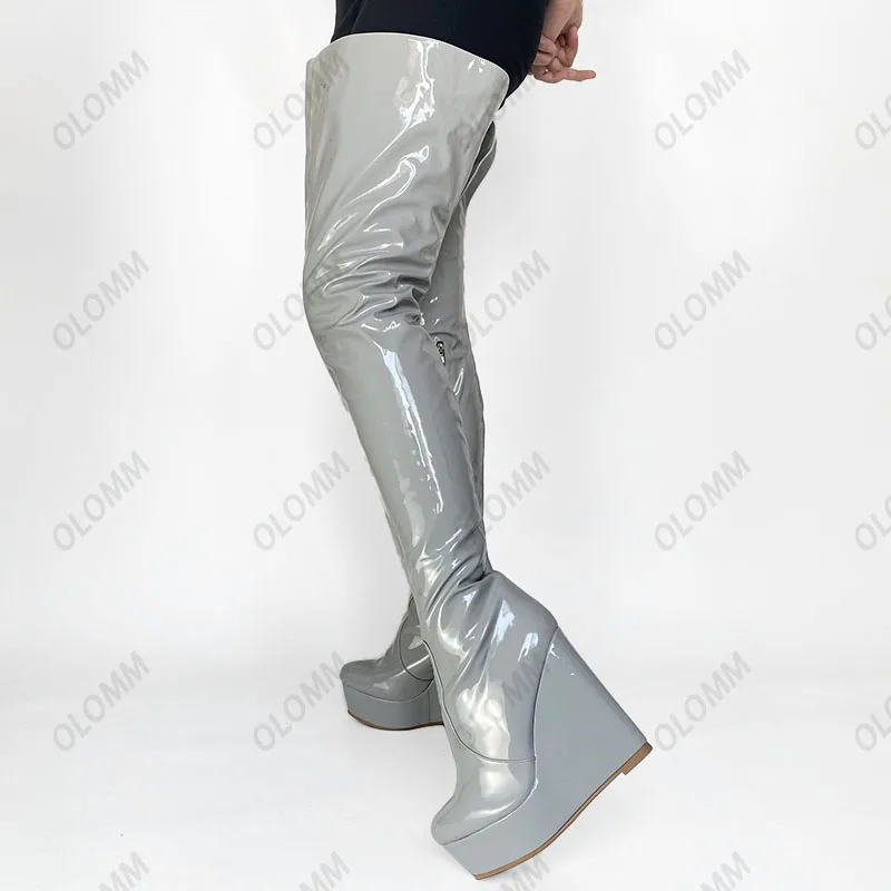 Olomm Handwork Women Shiny Platform Thigh Boots Side Zipper Wedges Heel Round Toe 10 Colors Party Shoes Women Plus US Size 5-20 view 4