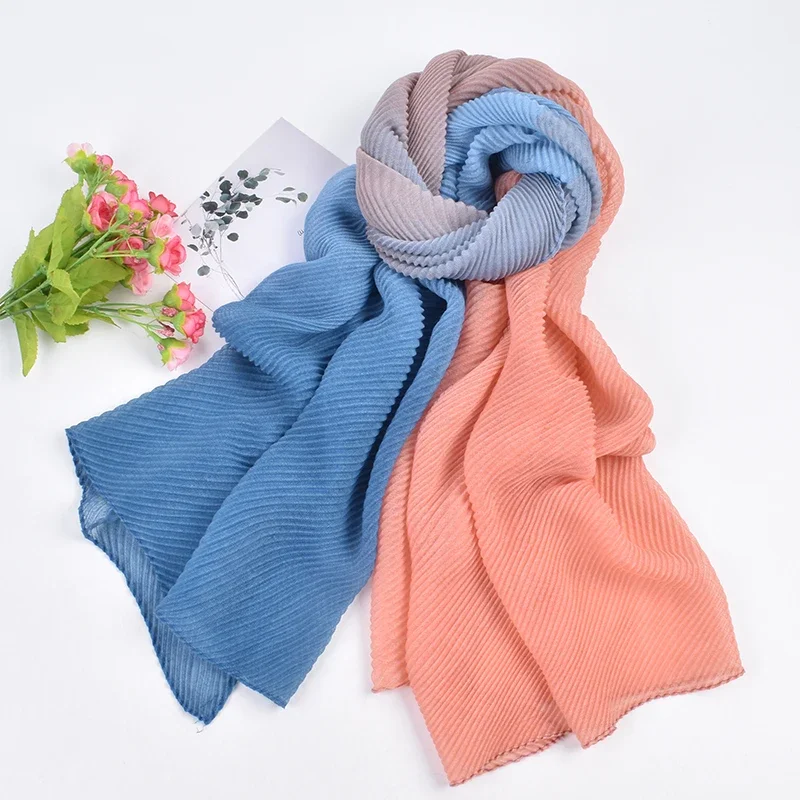 

TZTOOZ Autumn and Winter New High Quality Balinese Yarn Twill Wrinkled Long Scarf Breathable Pleated Wrapped Shawl