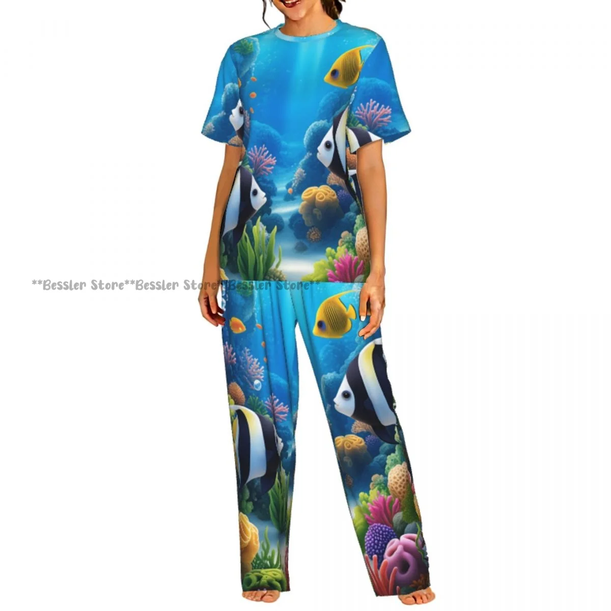 

Женский комплект из 2 предметов: пижама с принтом тропических рыб и подводного мира, топ с короткими рукавами и брюки, одежда для сна.