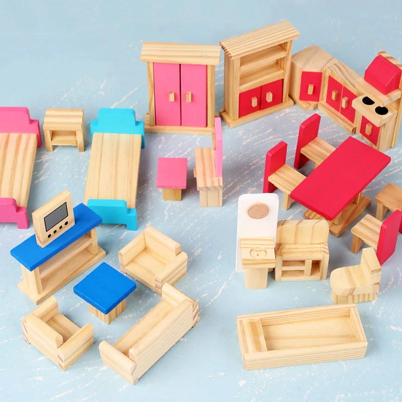 Children 25Pcs Wooden Miniature Furniture Dolls House Furniture sets Pretend Toys Educational Play House Toy Girl Baby Gift