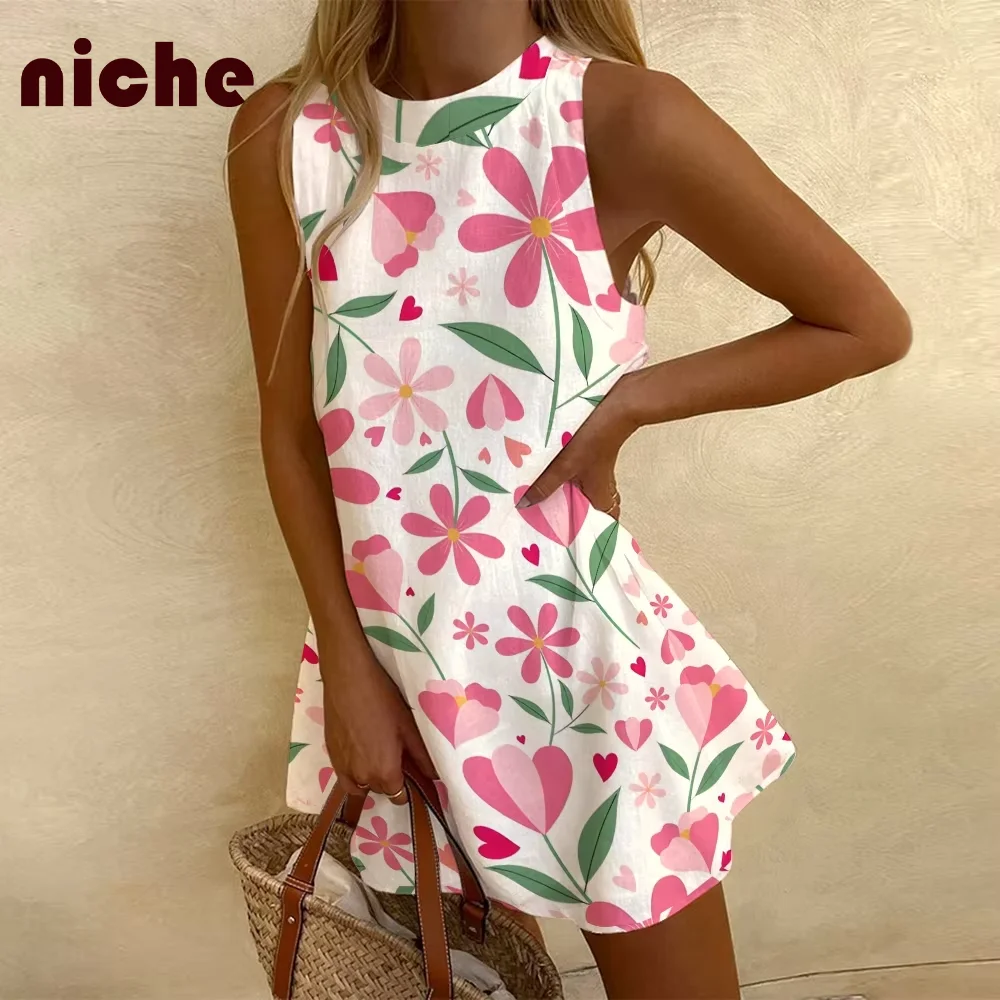 

Ladies Sleeveless Dress Fresh Flower Graphic Printing Cotton And Linen High Quality Soft Trend Fashion New Fishtail Skirt