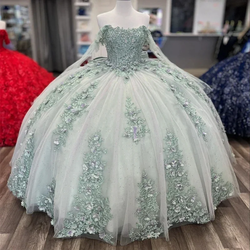 Kendny-Robe de Quinceanera de Princesse Vert Clair, Perles Florales 3D, Off Initiated, Robe de ThydrBall, Personnalisée, 15 Ans