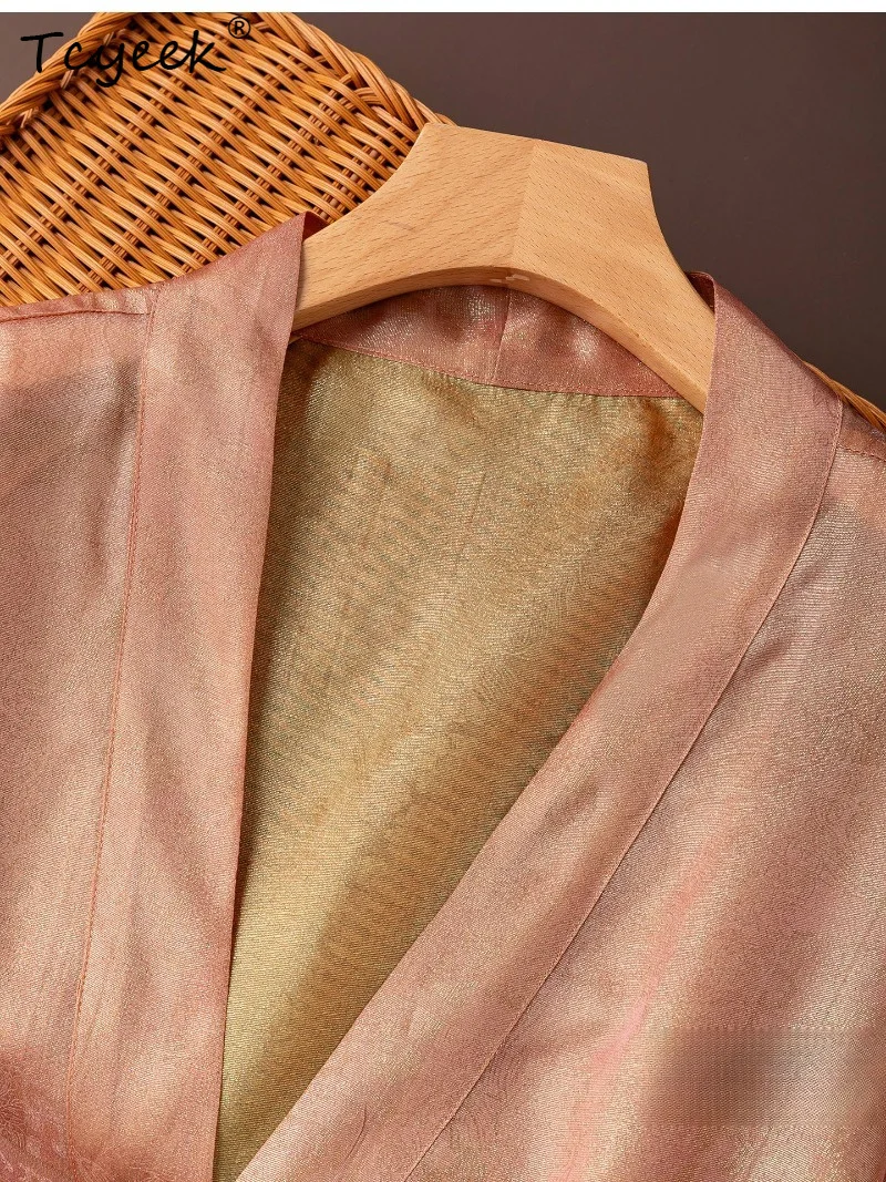 Tcyeek 93.9% Real Mulberry Silk Woman Tops 2026 Summer Classical Lightweight Pink Hanfu Shawls Clothes for Woman Roupas Feminina